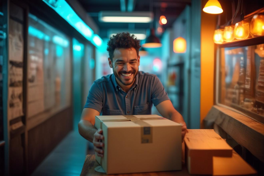 A man in a blue shirt holding a shipping box with tape, preparing it for reverse logistics in an ecommerce environment
