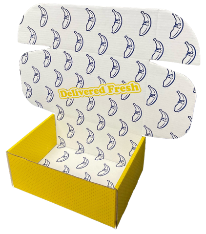 A custom yellow corrugated mailer box designed for Savannah Bananas, featuring interior banana graphics and bold “Delivered Fresh” messaging